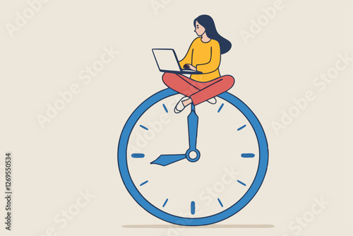 Flexible working hours, work life balance or focus and time management while working from home concept, young lady woman working with laptop while doing yoga or meditation on clock face.