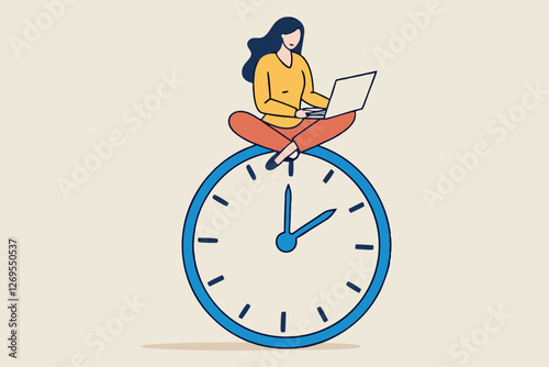 Flexible working hours, work life balance or focus and time management while working from home concept, young lady woman working with laptop while doing yoga or meditation on clock face.