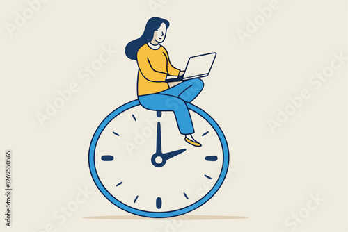 Flexible working hours, work life balance or focus and time management while working from home concept, young lady woman working with laptop while doing yoga or meditation on clock face.