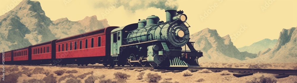 Fototapeta premium Vintage steam locomotive traveling through desert landscape with mountains and train cars