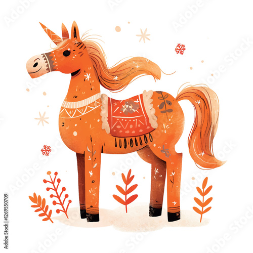 A cartoon horse with a scarf on its neck is standing in the snow. The horse appears to be happy and content, and the scene has a cozy, wintery feel