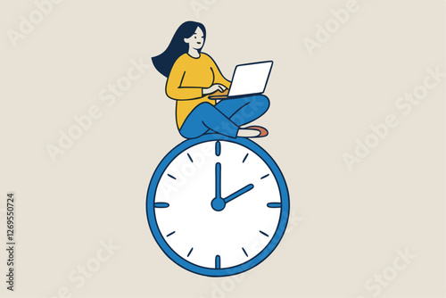 Flexible working hours, work life balance or focus and time management while working from home concept, young lady woman working with laptop while doing yoga or meditation on clock face.