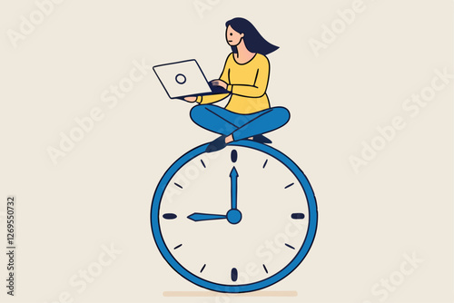 Flexible working hours, work life balance or focus and time management while working from home concept, young lady woman working with laptop while doing yoga or meditation on clock face.