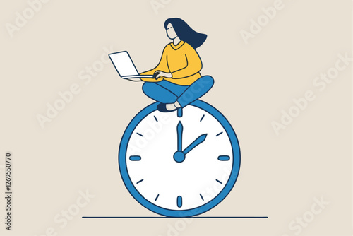 Flexible working hours, work life balance or focus and time management while working from home concept, young lady woman working with laptop while doing yoga or meditation on clock face.