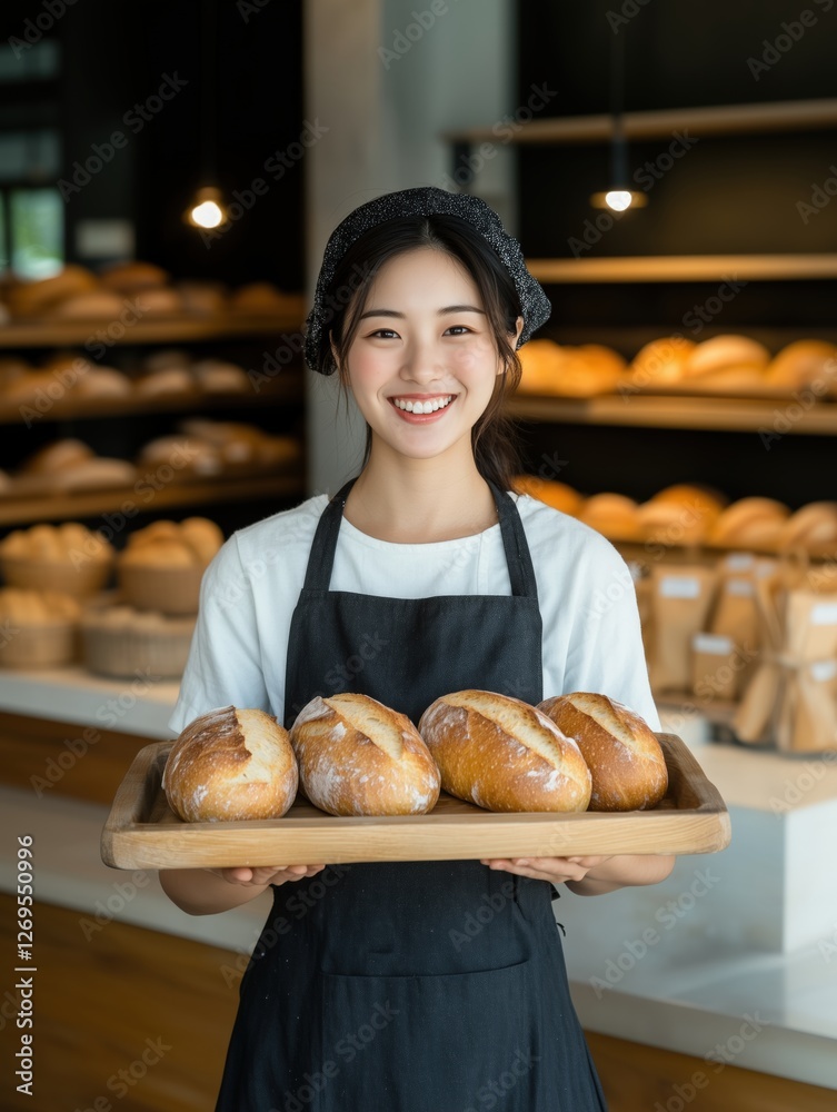 Young woman happily holding fresh bread in a bakery Young woman happily holding fresh bread in a bakery