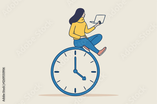 Flexible working hours, work life balance or focus and time management while working from home concept, young lady woman working with laptop while doing yoga or meditation on clock face.