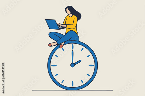 Flexible working hours, work life balance or focus and time management while working from home concept, young lady woman working with laptop while doing yoga or meditation on clock face.