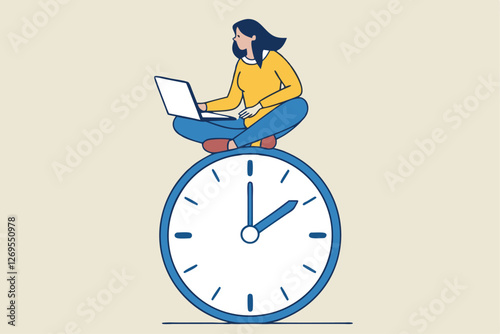 Flexible working hours, work life balance or focus and time management while working from home concept, young lady woman working with laptop while doing yoga or meditation on clock face.