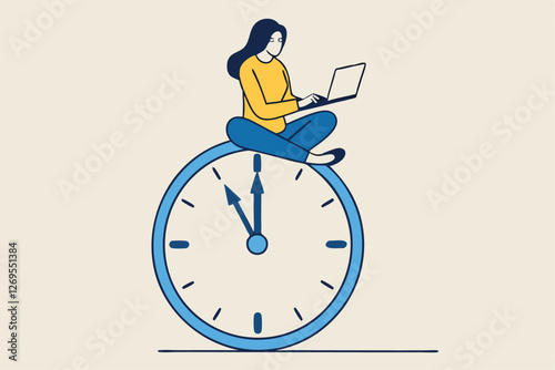 Flexible working hours, work life balance or focus and time management while working from home concept, young lady woman working with laptop while doing yoga or meditation on clock face.