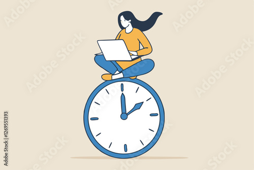 Flexible working hours, work life balance or focus and time management while working from home concept, young lady woman working with laptop while doing yoga or meditation on clock face.