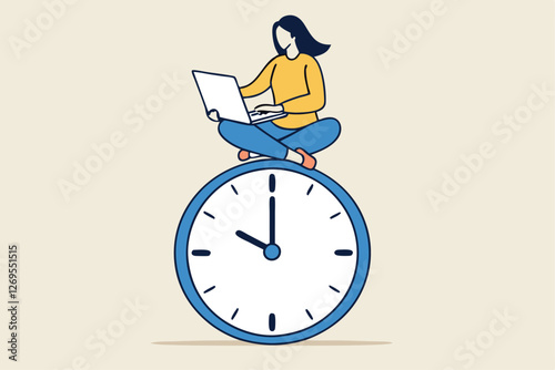 Flexible working hours, work life balance or focus and time management while working from home concept, young lady woman working with laptop while doing yoga or meditation on clock face.