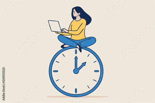 Flexible working hours, work life balance or focus and time management while working from home concept, young lady woman working with laptop while doing yoga or meditation on clock face.