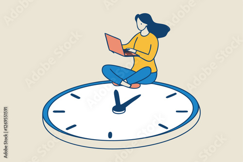 Flexible working hours, work life balance or focus and time management while working from home concept, young lady woman working with laptop while doing yoga or meditation on clock face.