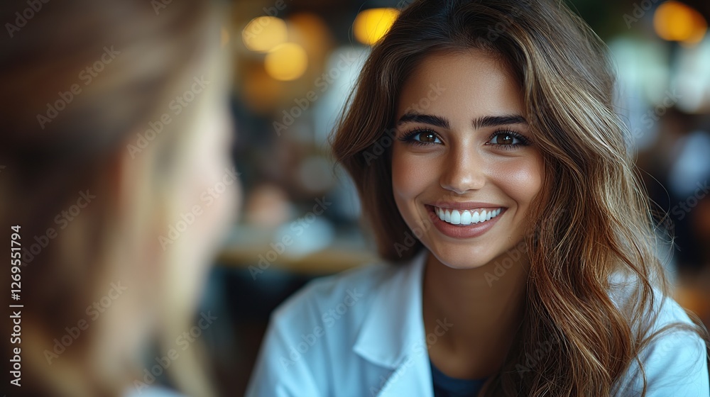Smiling woman cafe conversation, blurred background, friendship Smiling woman cafe conversation, blurred background, friendship