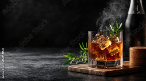 Glass of whiskey with ice and a bottle of liquor on a wooden table with a smoky cocktail effect photo