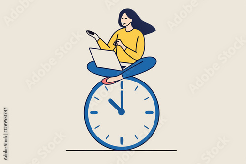 Flexible working hours, work life balance or focus and time management while working from home concept, young lady woman working with laptop while doing yoga or meditation on clock face.