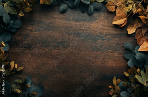 Autumn leaves frame on dark wood, for invitation or card photo