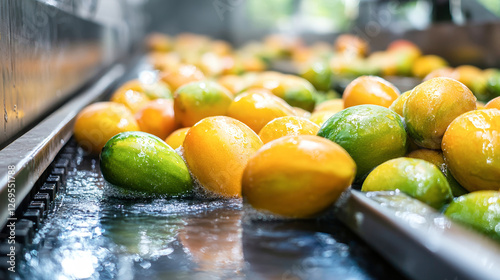 Washing fresh mangoes on a conveyor belt in a vibrant food processing plant