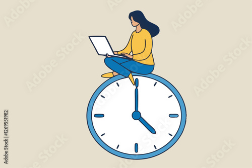 Flexible working hours, work life balance or focus and time management while working from home concept, young lady woman working with laptop while doing yoga or meditation on clock face.