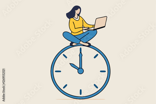 Flexible working hours, work life balance or focus and time management while working from home concept, young lady woman working with laptop while doing yoga or meditation on clock face.