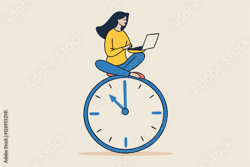 Flexible working hours, work life balance or focus and time management while working from home concept, young lady woman working with laptop while doing yoga or meditation on clock face.