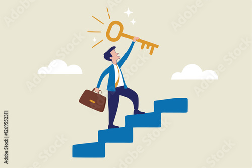 Key to business success, stairway to find secret key or achieve career target concept, businessman winner walk up to top of stairway lifting golden success key to the sky.