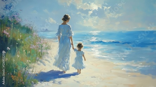 Mother and daughter walking on beach enjoying summer vacation