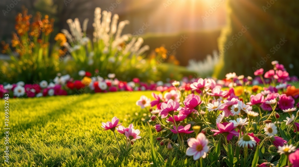 Fototapeta premium Vibrant Spring Flowers in Sunny Garden Landscape