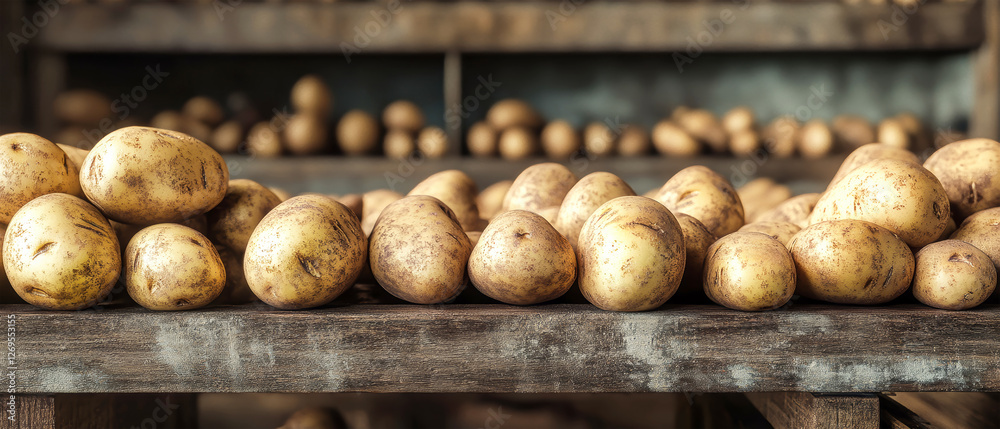Potatoes traveling on a production line in a factory, showcasing rustic textures and shiny surfaces in a wide-angle view Potatoes traveling on a production line in a factory, showcasing rustic textures and shiny surfaces in a wide-angle view