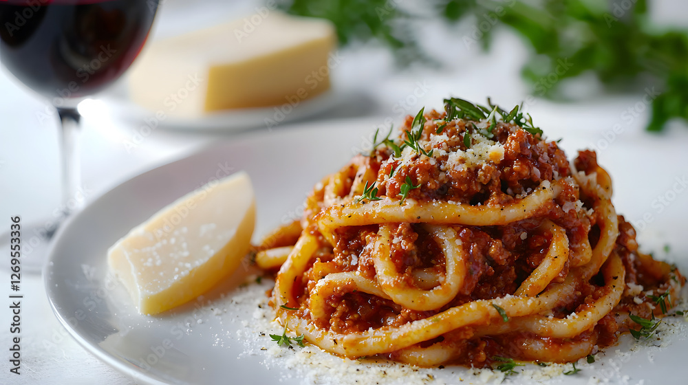Fototapeta premium Mouthwatering Ultra Detailed Realistic Pasta Dish with Red Wine and Cheese on White Table
