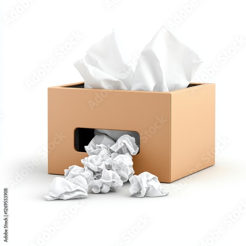 A simple, beige tissue box spills crumpled tissues, symbolizing messiness or frequent use, with some tissues peeking out.