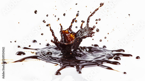 Realistic liquid chocolate long wave splash, enticing with its creamy richness, captures the essence of indulgence in a delectable treat. Isolated 3d brown splashing jet with droplets mid-air