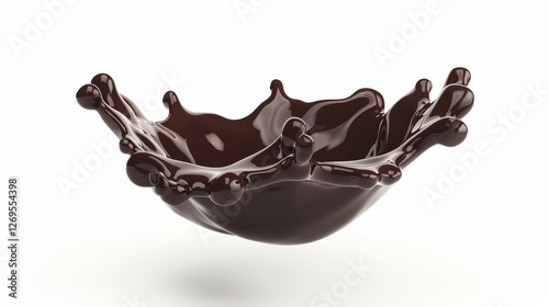 Realistic liquid chocolate long wave splash, enticing with its creamy richness, captures the essence of indulgence in a delectable treat. Isolated 3d brown splashing jet with droplets mid-air