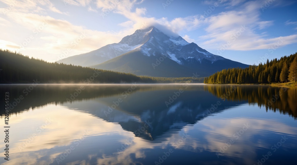 Serene sunrise paints a majestic mountain's reflection on a still, misty lake, creating a breathtaking, tranquil scene. Serene sunrise paints a majestic mountain's reflection on a still, misty lake, creating a breathtaking, tranquil scene.