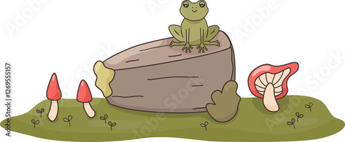 cute hand drawn cartoon character green frog on the rock with red mushrooms funny png illustration on transparent background