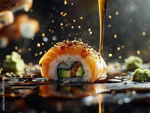 tamari sauce drizzling over a fresh sushi roll, capturing the surrounding chopsticks and wasabi photo