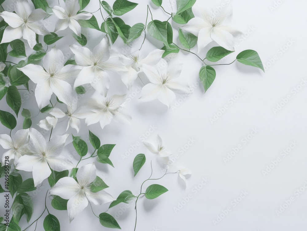 Fototapeta premium White flowers and green leaves spread elegantly on a soft background in a minimalist design