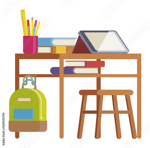 school desk with school supplies