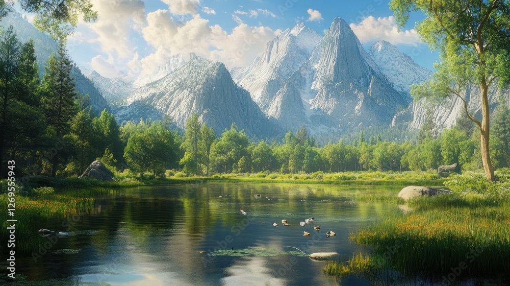 Fototapeta premium Mountain lake serene landscape, summer, calm waters, birds, trees