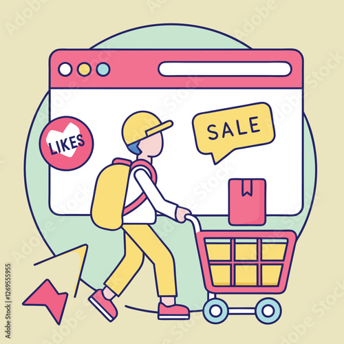 Digital Shopping Spree: Vibrant Ecommerce Illustration buy sell sale retail modern trendy vector    