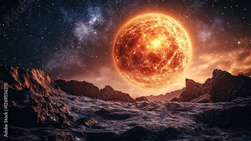 Glowing Exoplanet Floating in Deep Space with Distant Stars and Landscape