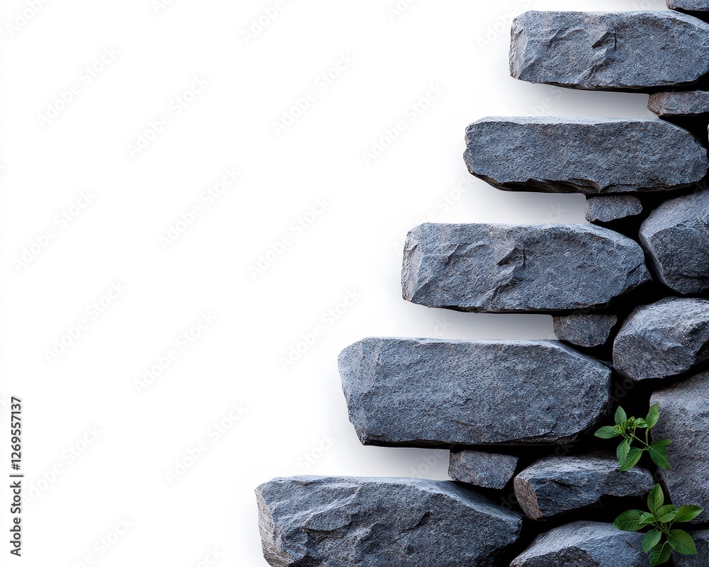 Textured stone wall with green plant contrasting against a white background. Textured stone wall with green plant contrasting against a white background.