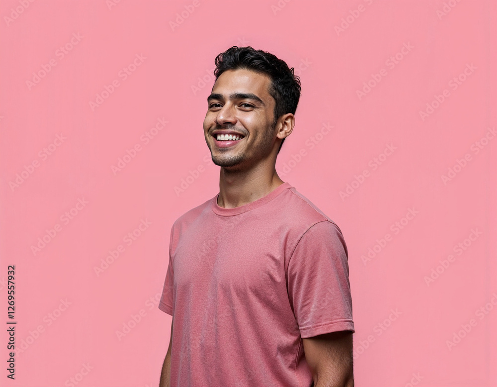 Happy Young Brazilian Man Smiling Confidently in Front of Pink Background Happy Young Brazilian Man Smiling Confidently in Front of Pink Background