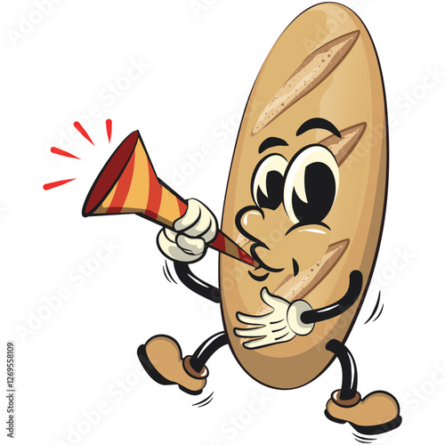 baguette bread cartoon isolated vektor illustration mascot character blow the party horn trumpet, work of hand drawn