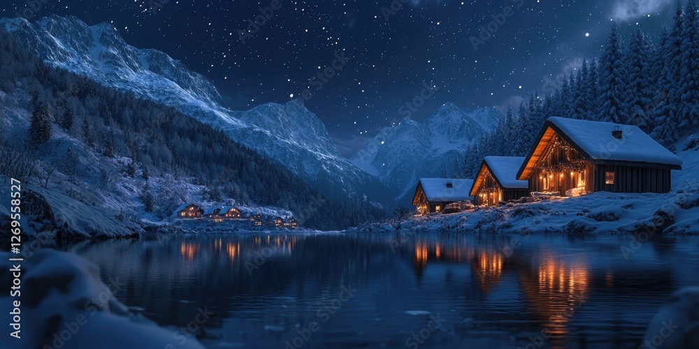 Fototapeta premium Nighttime cabin with waterfront lighting