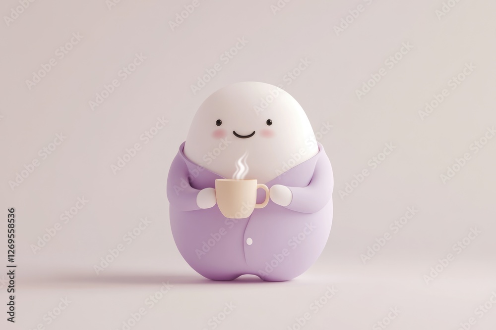 A cute, smiling 3D character in pajamas enjoys a warm beverage. A cute, smiling 3D character in pajamas enjoys a warm beverage.