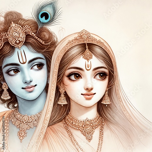 Watercolor portrait illustration of radha and krishna portrait for dol purnima. photo