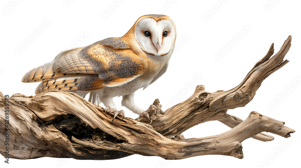 Obraz premium A majestic barn owl on a tree branch isolated on white and transparent background, cut out png