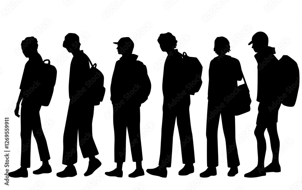 Group of men and women, people walking with backpacks, silhouettes, vector, profile, black isolated on white background Group of men and women, people walking with backpacks, silhouettes, vector, profile, black isolated on white background