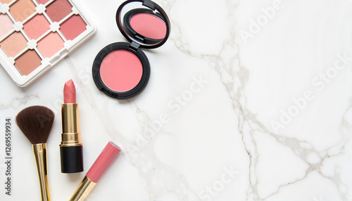 Cosmetic products including blush, lipstick, and eyeshadow palette on a marble countertop with copy space